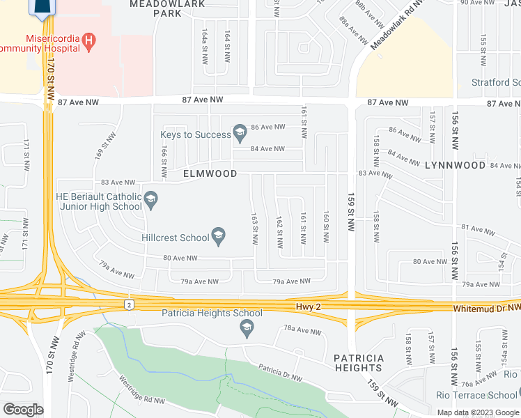 map of restaurants, bars, coffee shops, grocery stores, and more near 8105 163 Street Northwest in Edmonton