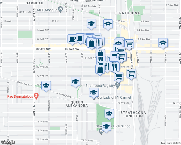 map of restaurants, bars, coffee shops, grocery stores, and more near 10532 79 Avenue Northwest in Edmonton