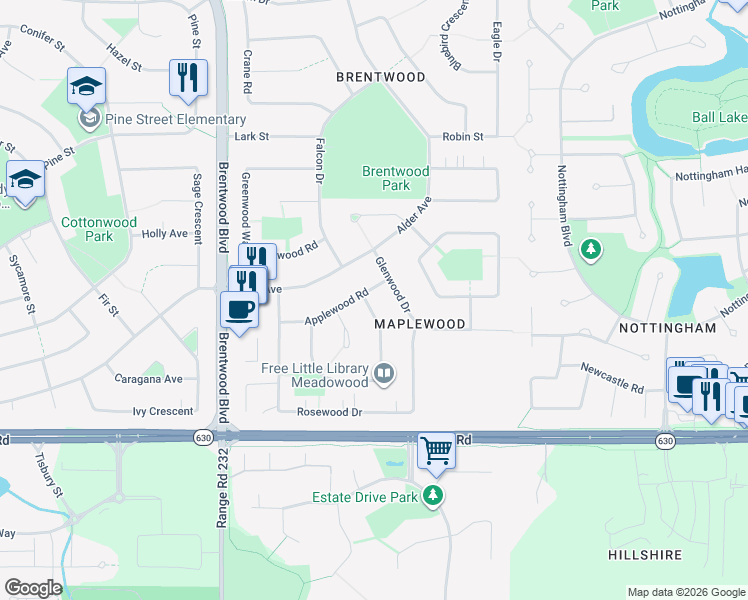 map of restaurants, bars, coffee shops, grocery stores, and more near 64 Meadowood Crescent in Sherwood Park