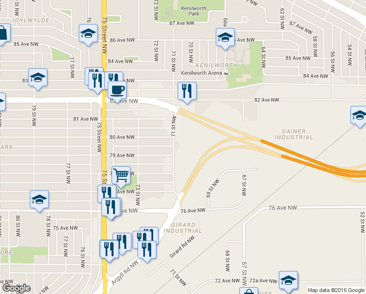 map of restaurants, bars, coffee shops, grocery stores, and more near 7907 71 Street Northwest in Edmonton