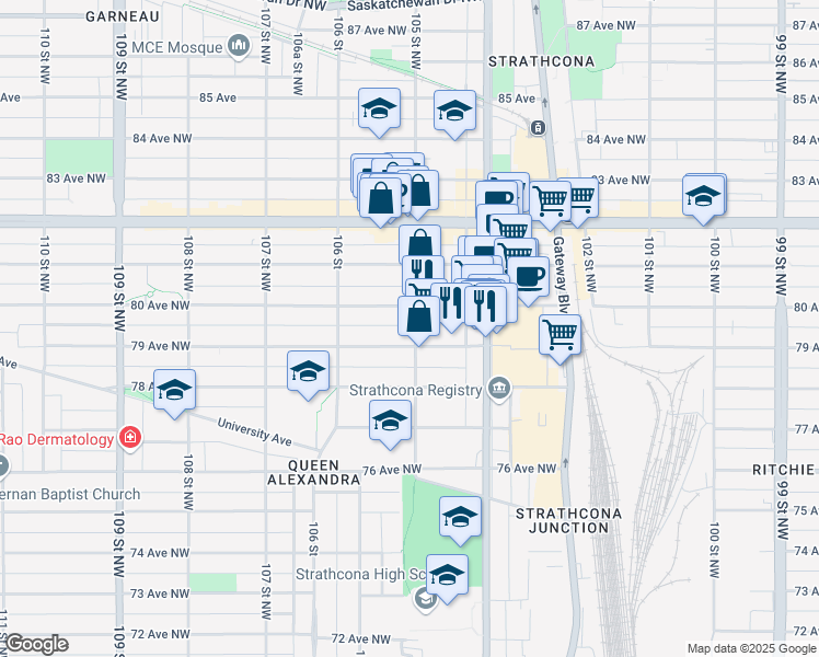 map of restaurants, bars, coffee shops, grocery stores, and more near 10502 79 Avenue Northwest in Edmonton