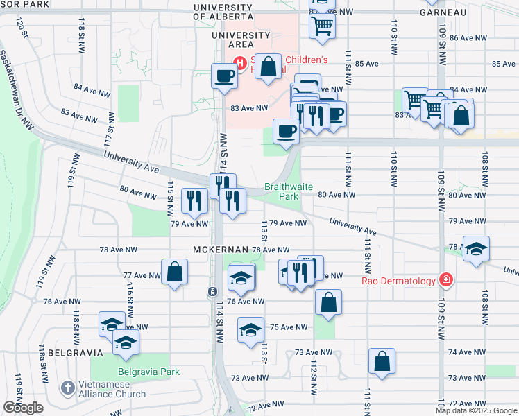 map of restaurants, bars, coffee shops, grocery stores, and more near 11305 University Avenue in Edmonton