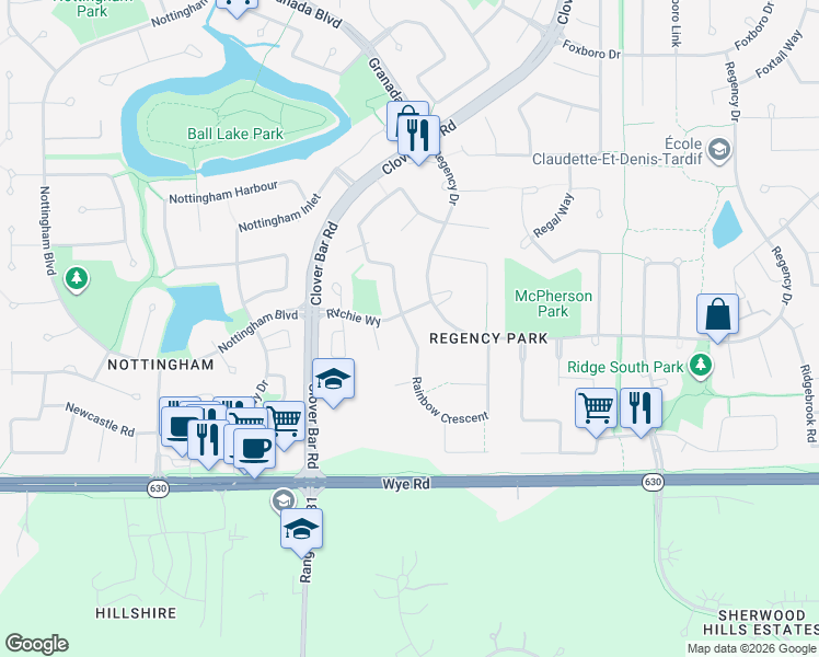 map of restaurants, bars, coffee shops, grocery stores, and more near Rainbow Crescent in Sherwood Park