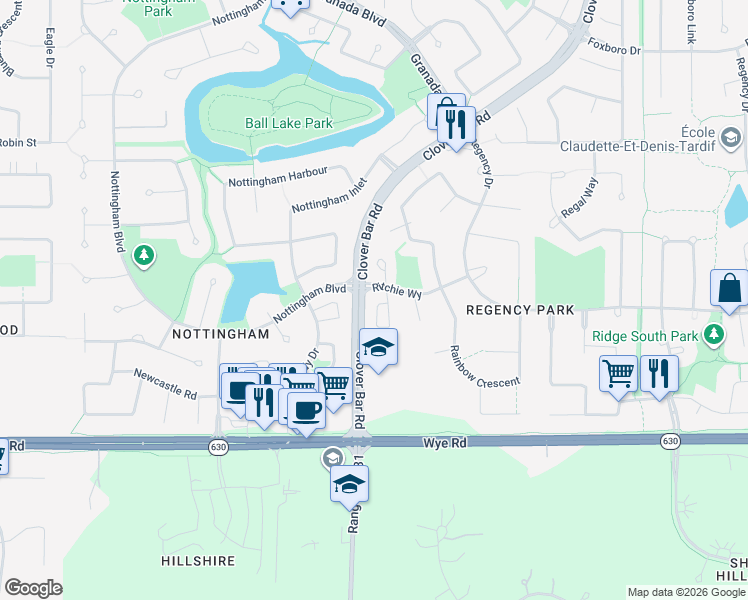map of restaurants, bars, coffee shops, grocery stores, and more near 10 Ritchie Way in Sherwood Park