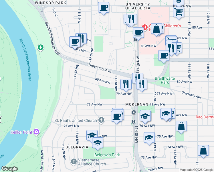 map of restaurants, bars, coffee shops, grocery stores, and more near 11519 80 Avenue Northwest in Edmonton