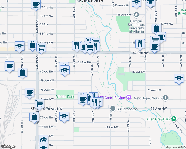 map of restaurants, bars, coffee shops, grocery stores, and more near in Edmonton