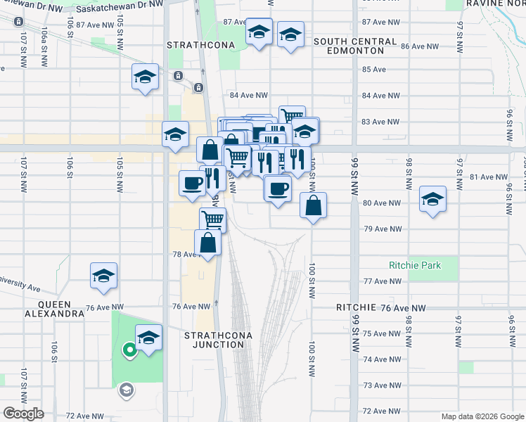 map of restaurants, bars, coffee shops, grocery stores, and more near 10121 80 Avenue in Edmonton