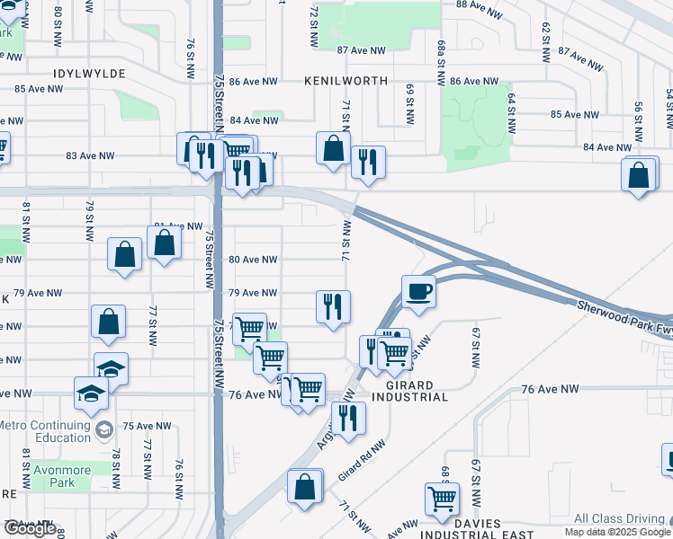 map of restaurants, bars, coffee shops, grocery stores, and more near 7108 79 Avenue Northwest in Edmonton