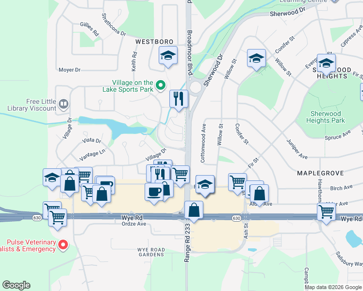 map of restaurants, bars, coffee shops, grocery stores, and more near 1049 Village Drive in Sherwood Park