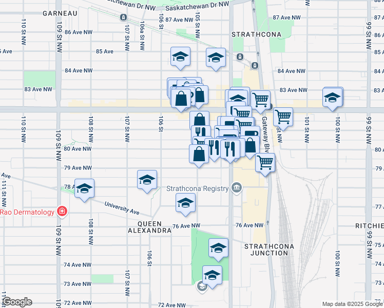 map of restaurants, bars, coffee shops, grocery stores, and more near 10502 79 Avenue Northwest in Edmonton