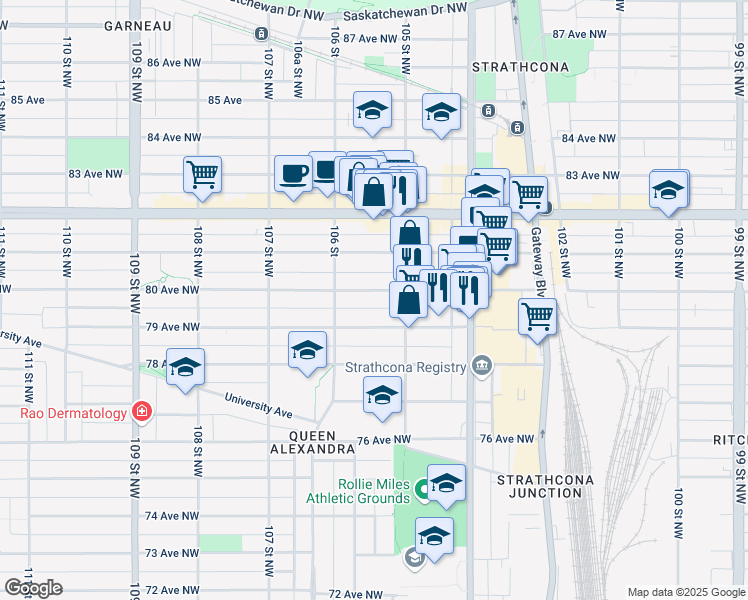 map of restaurants, bars, coffee shops, grocery stores, and more near 10532 79 Avenue Northwest in Edmonton