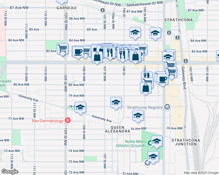 map of restaurants, bars, coffee shops, grocery stores, and more near 10645 80 Avenue Northwest in Edmonton