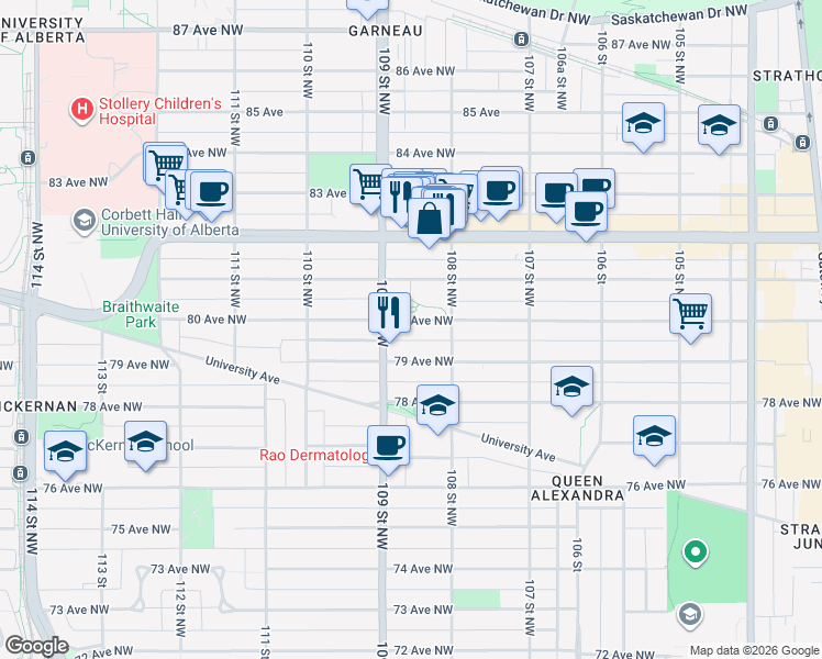 map of restaurants, bars, coffee shops, grocery stores, and more near in Edmonton