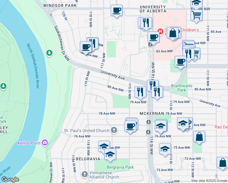 map of restaurants, bars, coffee shops, grocery stores, and more near 11519 80 Avenue Northwest in Edmonton