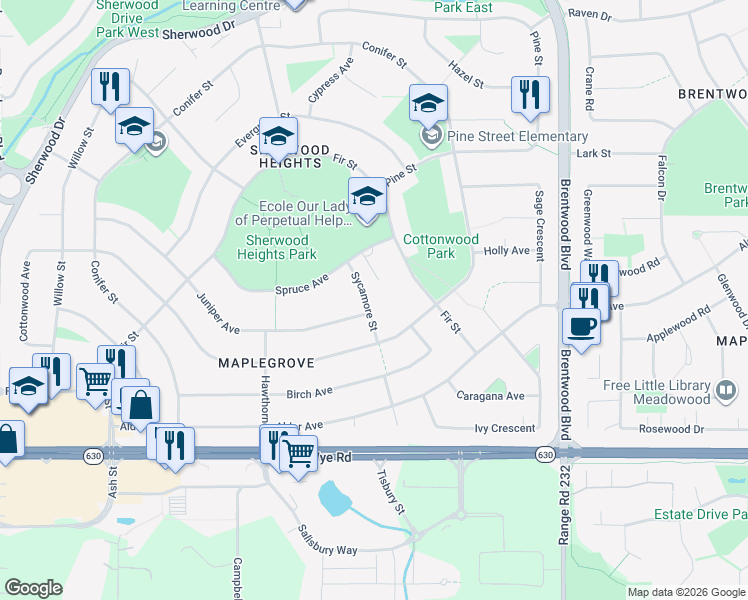 map of restaurants, bars, coffee shops, grocery stores, and more near 860 Juniper Avenue in Sherwood Park