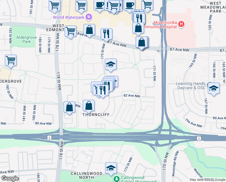 map of restaurants, bars, coffee shops, grocery stores, and more near 8215 175 Street Northwest in Edmonton