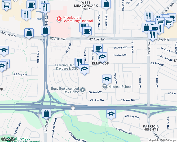 map of restaurants, bars, coffee shops, grocery stores, and more near 16507 83 Avenue Northwest in Edmonton
