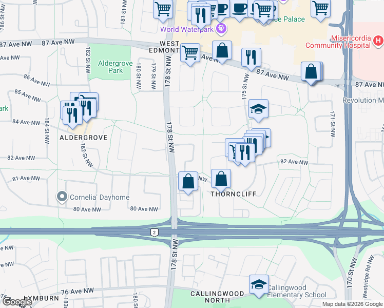 map of restaurants, bars, coffee shops, grocery stores, and more near 17738 81 Avenue Northwest in Edmonton