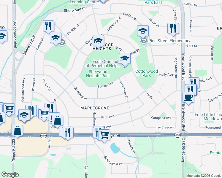 map of restaurants, bars, coffee shops, grocery stores, and more near 31 Spruce Avenue in Sherwood Park