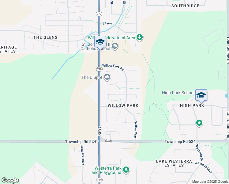 map of restaurants, bars, coffee shops, grocery stores, and more near 46 Willowbend Place in Stony Plain