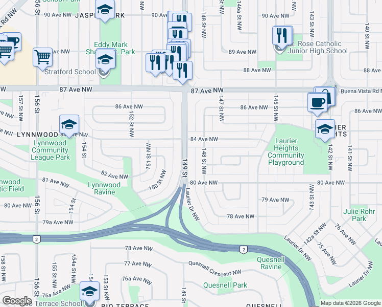 map of restaurants, bars, coffee shops, grocery stores, and more near 8108 148 Street Northwest in Edmonton