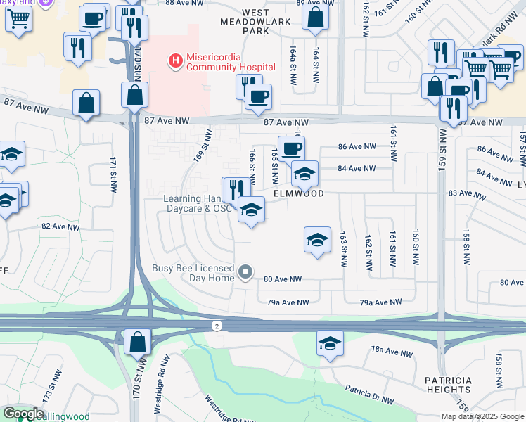 map of restaurants, bars, coffee shops, grocery stores, and more near 16507 83 Avenue Northwest in Edmonton
