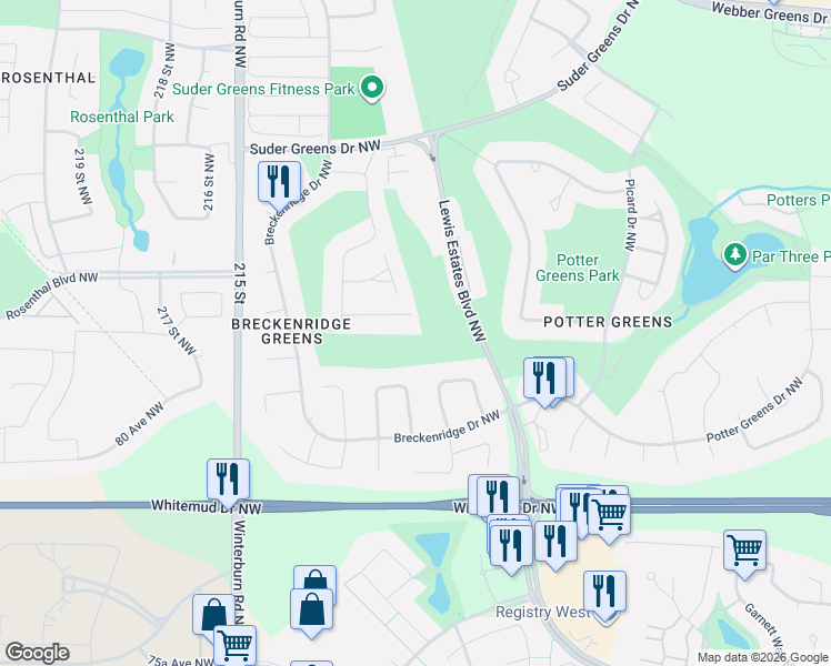 map of restaurants, bars, coffee shops, grocery stores, and more near 432 Breckenridge Lane Northwest in Edmonton