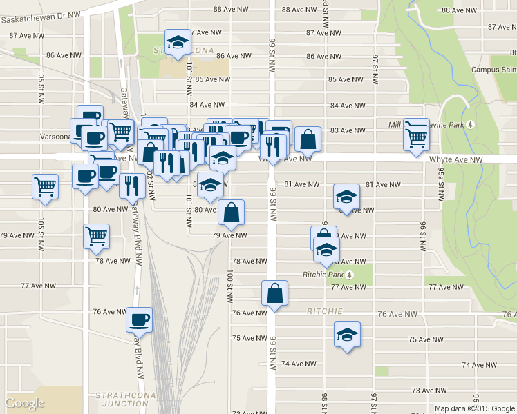 map of restaurants, bars, coffee shops, grocery stores, and more near 9920 79 Avenue Northwest in Edmonton