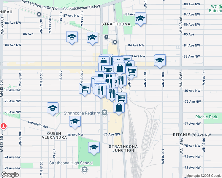 map of restaurants, bars, coffee shops, grocery stores, and more near 10330 80 Avenue Northwest in Edmonton