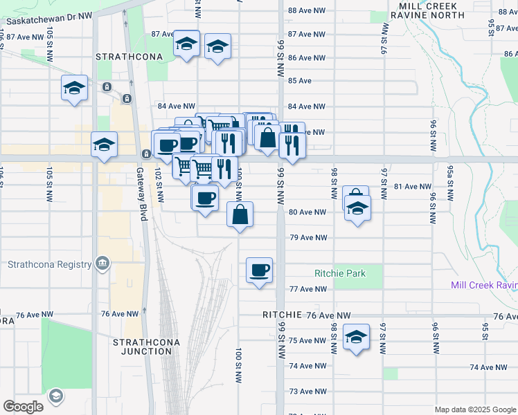 map of restaurants, bars, coffee shops, grocery stores, and more near 9926 80 Avenue Northwest in Edmonton