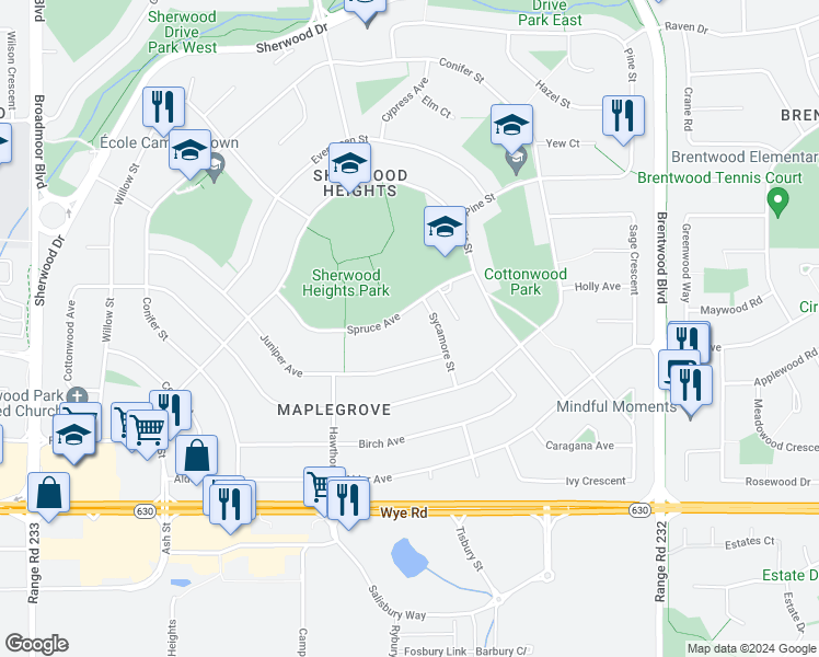 map of restaurants, bars, coffee shops, grocery stores, and more near 1 Sycamore Street in Sherwood Park