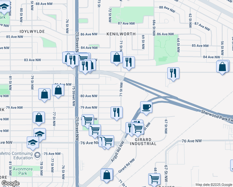 map of restaurants, bars, coffee shops, grocery stores, and more near 7108 80 Avenue Northwest in Edmonton