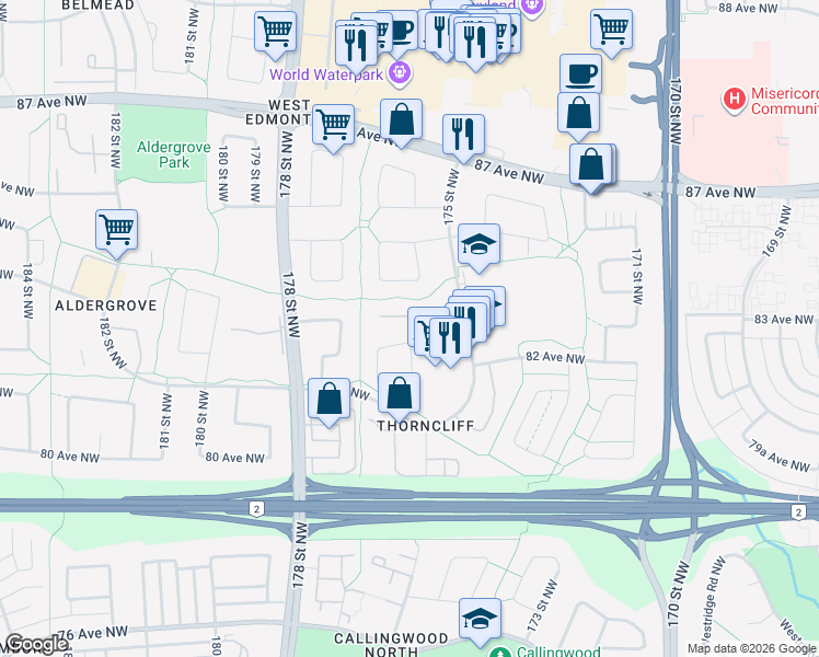 map of restaurants, bars, coffee shops, grocery stores, and more near 854 Erin Place Northwest in Edmonton