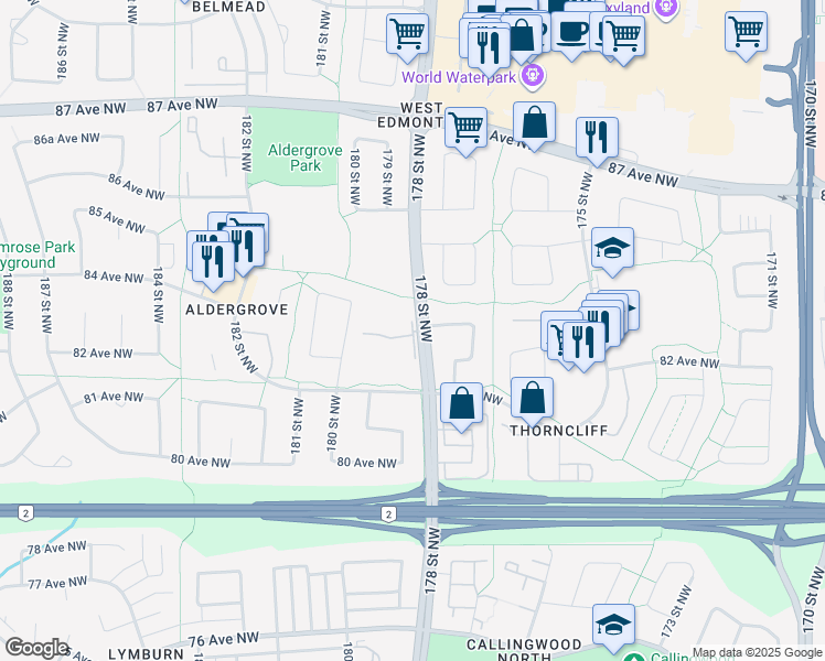 map of restaurants, bars, coffee shops, grocery stores, and more near 195 Primrose Gardens in Edmonton