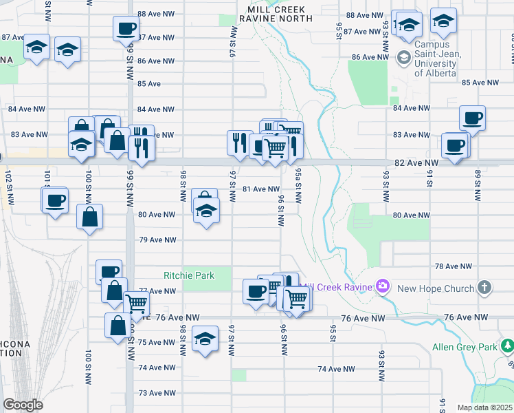 map of restaurants, bars, coffee shops, grocery stores, and more near 9619 81 Avenue Northwest in Edmonton