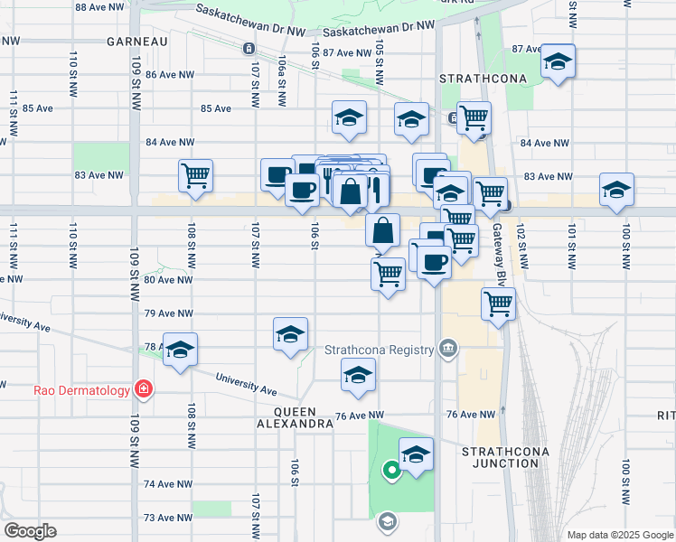 map of restaurants, bars, coffee shops, grocery stores, and more near in Edmonton