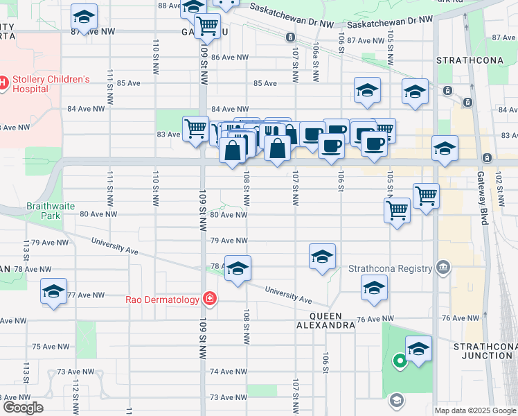 map of restaurants, bars, coffee shops, grocery stores, and more near 10735 81 Avenue Northwest in Edmonton