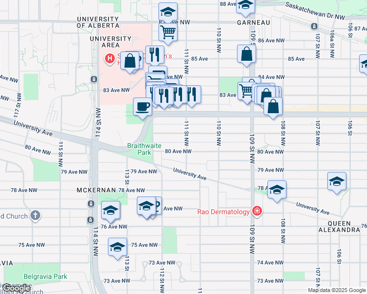 map of restaurants, bars, coffee shops, grocery stores, and more near 11104 80 Avenue Northwest in Edmonton
