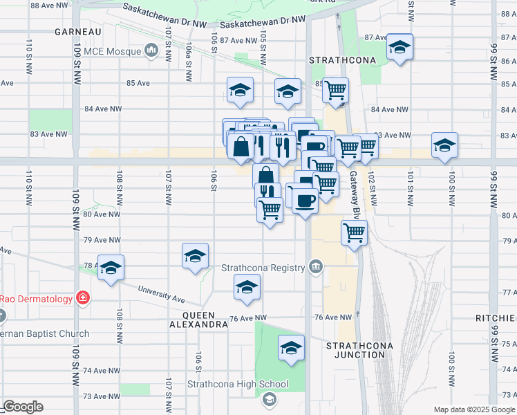 map of restaurants, bars, coffee shops, grocery stores, and more near 10481 81 Avenue Northwest in Edmonton