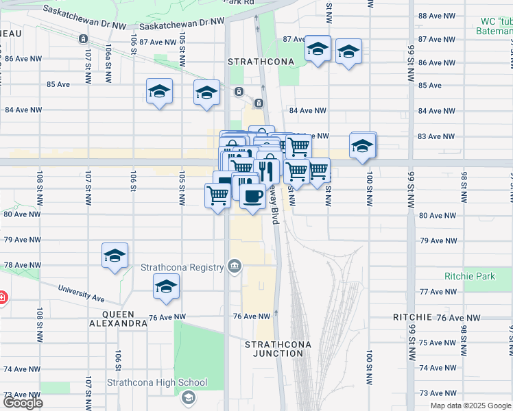 map of restaurants, bars, coffee shops, grocery stores, and more near 10330 80 Avenue Northwest in Edmonton