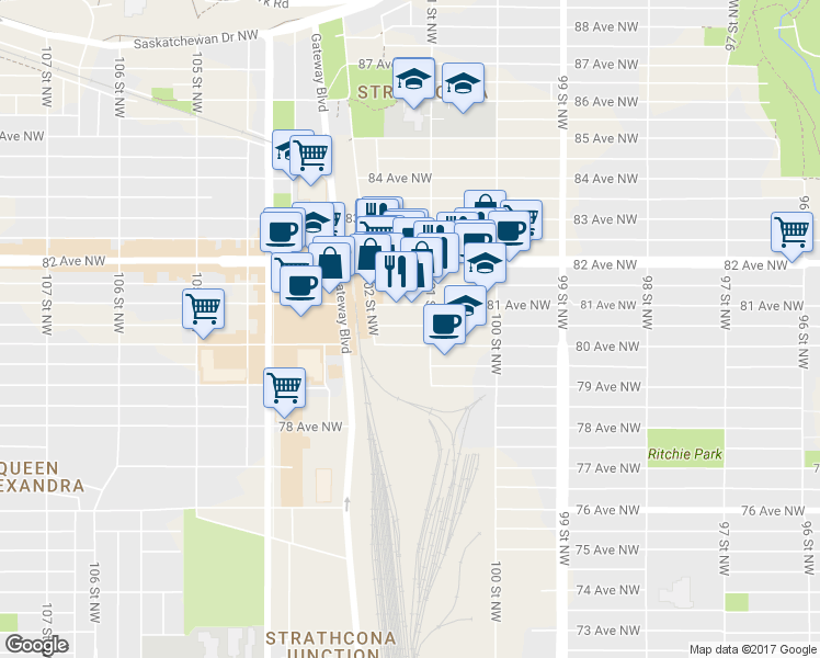 map of restaurants, bars, coffee shops, grocery stores, and more near 10103 81 Avenue Northwest in Edmonton