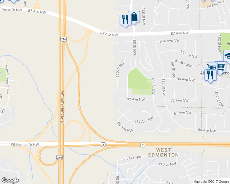 map of restaurants, bars, coffee shops, grocery stores, and more near 8308 190 Street Northwest in Edmonton