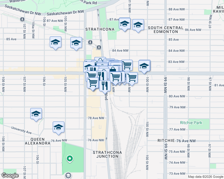map of restaurants, bars, coffee shops, grocery stores, and more near 8128 102 Street Northwest in Edmonton