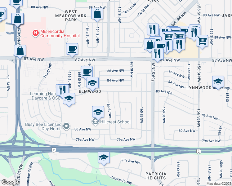 map of restaurants, bars, coffee shops, grocery stores, and more near 16210 83 Avenue Northwest in Edmonton