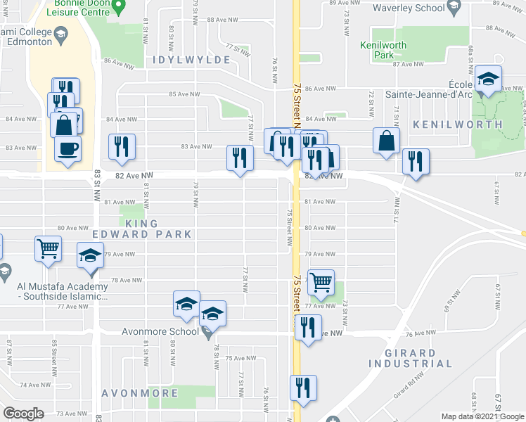map of restaurants, bars, coffee shops, grocery stores, and more near 7535 81 Avenue Northwest in Edmonton