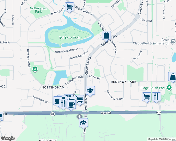map of restaurants, bars, coffee shops, grocery stores, and more near 10 Ritchie Way in Sherwood Park