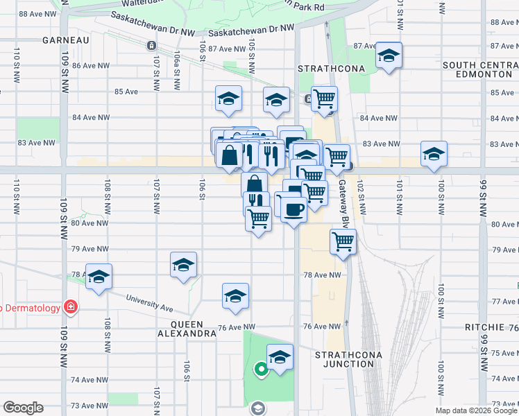 map of restaurants, bars, coffee shops, grocery stores, and more near 10481 81 Avenue Northwest in Edmonton