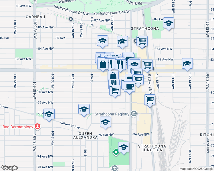 map of restaurants, bars, coffee shops, grocery stores, and more near 10481 81 Avenue Northwest in Edmonton