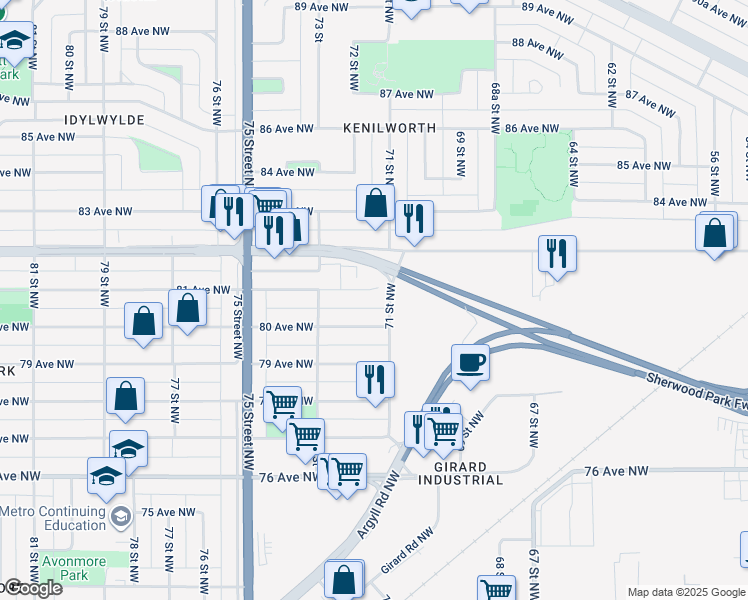map of restaurants, bars, coffee shops, grocery stores, and more near 7103a 81 Avenue Northwest in Edmonton