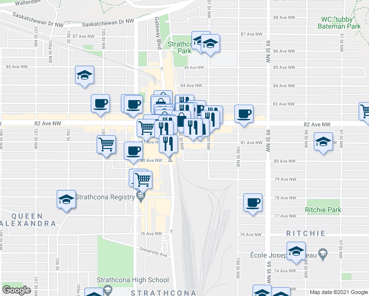 map of restaurants, bars, coffee shops, grocery stores, and more near 8135 102 Street Northwest in Edmonton